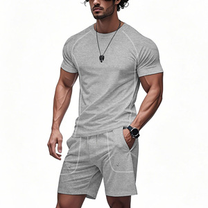 Conjunto Deportivo de Dos Piezas para Hombre, Camiseta Deportiva de Poliéster y Elastano Negra, Cuello Redondo, Secado Rápido, Tejido de Punto, para Verano y Fitness - Product Image 6