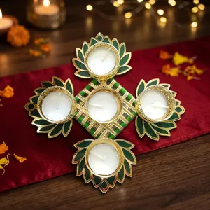 Juego de Portavelas de Loto Verde Hechos a Mano, Soporte Decorativo Dorado para Diya, para Diwali, Bodas, Pooja y Decoración del Hogar, Arte de Mesa - Product Image 6