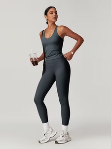 Women Solid Summer 2 Pcs Yoga Suit Strappy Back Sports Bra High Waist Leggings Seamless Gym <b>Workout</b> Matching Set - Product Image 3