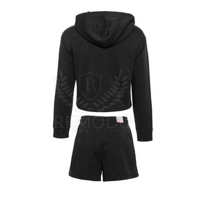Trendy Custom Pattern Matching Hooded <b>Top</b> Breathable Cotton Fiber Hoodie Short Set For Women Rib Long Sleeve Streetwear - Product Image 3