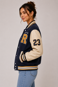 <b>Women's</b> Navy <b>Beige</b> Letter R Embroidered Varsity <b>Jacket</b> Preppy Style Turn-down Collar Front Logo Regular Fit - Product Image 3