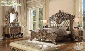 Maharaja-Cama king size de madera de teca de primera calidad, cama de lujo tallada, con mesita de noche, muebles de dormitorio únicos de lujo - Product Image 3