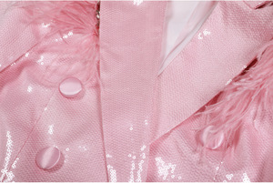 Women's Pink Double Breasted <b>Sequin</b> Woven Motorcycle <b>Jacket</b> with Feather Crystal Trim 100% Polyester Spring/Winter/Autumn/Summer - Product Image 5
