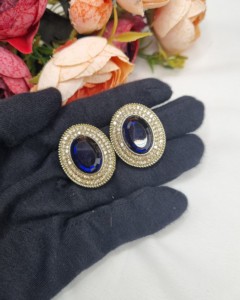 Designer Oval Stone <b>Crystal</b> <b>Stud</b> <b>Earrings</b> Ethnic Antique Gold Plated Fashion Indo Western Party Wear Jewelry For Women Wholesale - Product Image 6