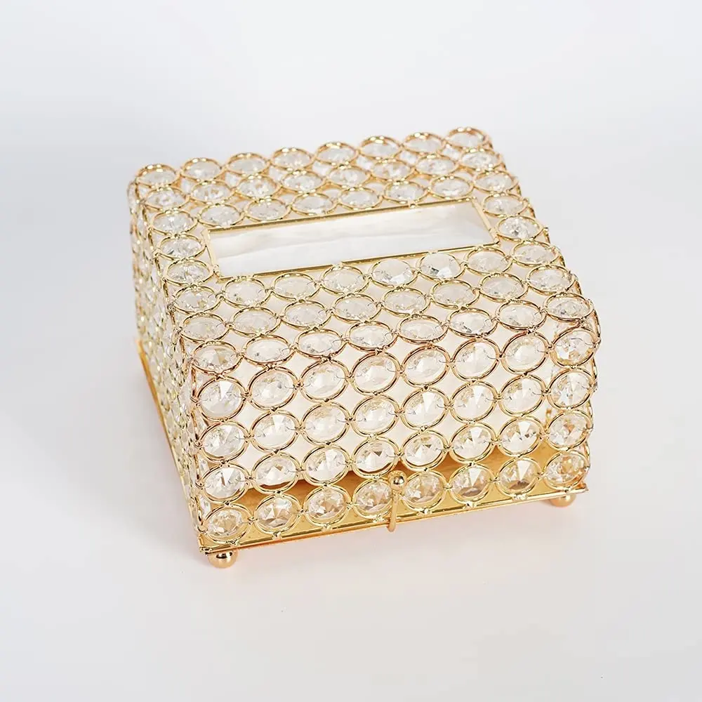 Golden Finished Crystal Beaded Metal Tissue Box Square Shape Handmade Fancy Tissue Dispenser Storage Holders