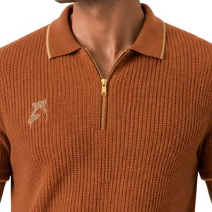 Brown <b>Orange</b> Men Knitted <b>Polo</b> Shirt Gold Zipper Short Sleeve Luxury Casual Textured Fabric Custom Logo Designer Golf Shirt OEM - Product Image 5