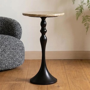 Table d'appoint moderne avec plateau rond en marbre et base en métal noir, meubles contemporains pour salon, table décorative d'appoint - Product Image 2