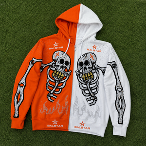 Sweat à capuche squelette orange et blanc personnalisé pour homme, style gothique, broderie strass, fermeture éclair, streetwear tendance - Product Image 5
