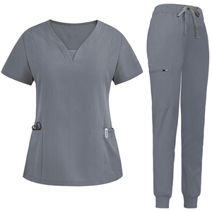Spandex Polyester Twill Hospital <b>Scrub</b> <b>Set</b> V-Neck Top Jogger Pants Zipper Pocket Nursing Uniform Men Women Wholesale Healthcare - Product Image 2