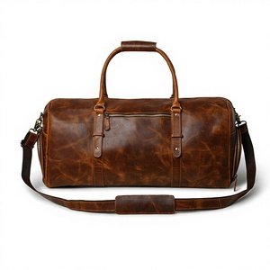 Men Casual Luxury Sport Distressed Brown Genuine Leather Duffle <b>Bag</b> Large <b>Overnight</b> Weekend Travel Satchel Zipper Polyester - Product Image 1