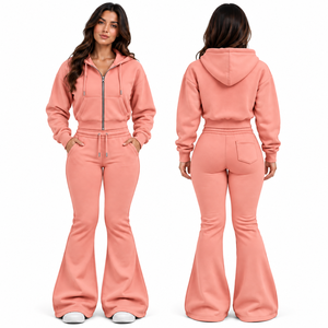 Factory Wholesale Custom Heavyweight Women's 2-Piece Fleece Tracksuit Hoodie & Wide Leg Sweatpants <b>Set</b> - Product Image 5
