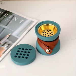 Wholesale Modern Round Dico Wood <b>Bakhoor</b> Burner Teal Blue Lacquer Finish Leather Wrap <b>Oud</b> Incense Holder Bulk Arabian Mabkhara - Product Image 1
