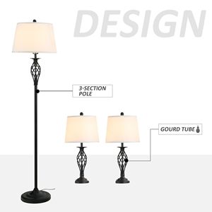 Set di 3 Lampade Moderne da Terra e da Tavolo con Palo in Metallo, Base Rotonda e Paralume in Tessuto, Bianco e Nero, per Soggiorno e Camera da Letto - Product Image 5