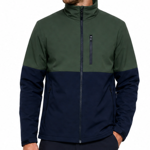 Chaqueta Softshell para Hombre en Bloques de Color Verde Bosque y Azul Marino, Cuello Alto, Bolsillo con Cremallera en el Pecho, Ropa para Exteriores, Alta Demanda - Product Image 2