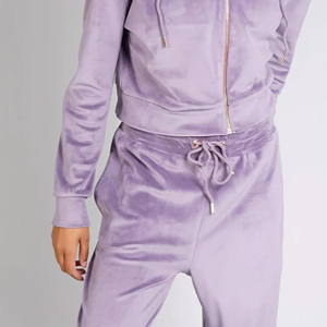 Survêtement streetwear en velours violet pour homme, sweat à capuche long et pantalon à cordon de serrage, couleur unie, tenue décontractée d'automne 100% - Product Image 3