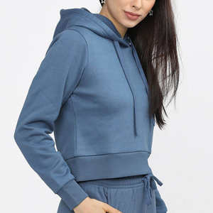 Sudadera con capucha corta azul para mujer, informal, de manga larga, con cordón ajustable - Product Image 2