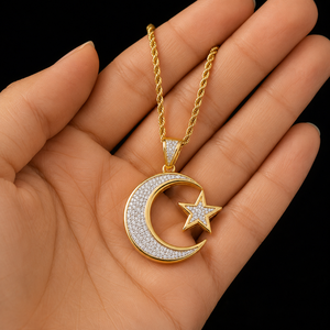 Colgantes Religiosos Personalizados de Plata 925 Chapados en Oro con Diamantes Naturales, Estilo Hip Hop Islámico Musulmán con Luna y Estrella de Alá - Product Image 4
