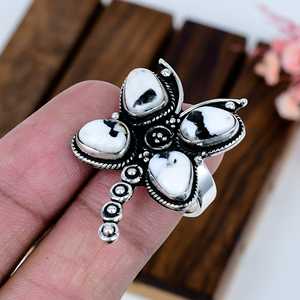 Buffalo Turquoise <b>Ring</b> Sterling Silver <b>Nature</b> <b>Inspired</b> White Black Stone Jewelry Gift for Her - Product Image 3