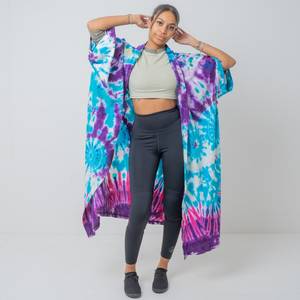 Tie Dye rayonne tissu Long Kimono Boho Style dame plage vacances d'été couvrir Sexy Resort porter femmes Kimono grande taille Kimono - Product Image 1