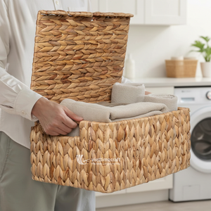 Panier de rangement en jacinthe d'eau à couvercle festonné avec couvercle dissimulé pour l'organisation de la maison et du linge - Product Image 2