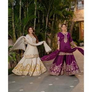 Top de fiesta de diseñador para mujer-Conjunto de Sharara y Dupatta con bordado elegante - Product Image 1