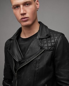 Chaqueta de Cuero para Hombre, Estilo Motero, de Piel de Oveja Negra, con Cuello Alto Acolchado, Cremallera Asimétrica en el Hombro, Corte Ajustado, para Otoño e Invierno - Product Image 4