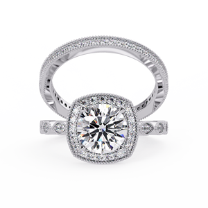 Cushion Halo Frame Round Cut Lab Diamond IGI Certified Diamond Dual Band Design 14K Pure Gold Milgrain Beaded Engagement Rings - Product Image 4