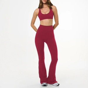 High Waisted <b>Flared</b> Yoga <b>Leggings</b> 2-Piece Workout Set Breathable Stretch Spandex Solid Logo Waist Sports Bra Full-Length Pants - Product Image 3