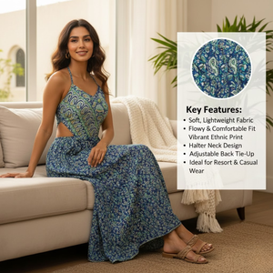 Vestido Largo de Seda Habotai Hecho a Mano de Lujo, Alta Calidad, Cuello Halter, Tirantes Finos, Abertura Lateral, Espalda Descubierta, Estampado Étnico para Mujer - Product Image 3