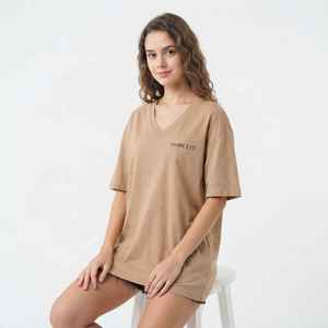 Women's Light <b>Brown</b> V-Neck Short <b>Sleeve</b> T-Shirt Loose Fit 100% Cotton Casual Jersey Logo <b>Top</b> Spring Summer Wear - Product Image 4