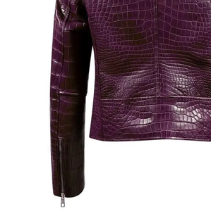 Veste en cuir PU gaufré croco violet pour homme, style motard, col rabattu, fermeture éclair sur le devant, coupe-vent, pour l'automne - Product Image 2