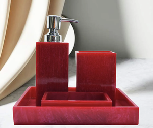Modern Resin Bathroom Set With <b>Soap</b> <b>Dispenser</b> <b>Toothbrush</b> <b>Holder</b> <b>And</b> Tray Red White Marbled Design Rectangle Shape Easy To Clean - Product Image 2