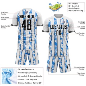 Maillot de football personnalisé sublimé, blanc et bleu rayé, col rond, manches courtes, évacuation de l'humidité, vêtements unisexes pour adultes - Product Image 5