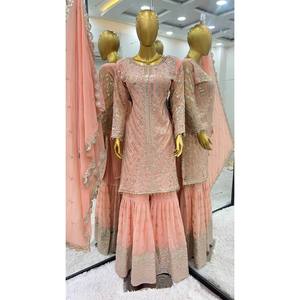 Heavy Embroidery Work Party Wear Salwar Kameez <b>Top</b>-Plazzo and Dupatta in XL Size Made of Polyester - Product Image 1