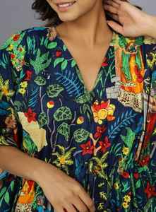 Caftán de algodón azul marino hecho a mano, inspirado en Kahlo, kimono ligero para la playa, ropa de resort. - Product Image 2