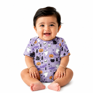 Vente en gros de combinaisons pour bébés unisexes imprimées pour Halloween, combinaison courte à manches courtes pour bébés avec imprimé fantôme, citrouille, chauve-souris, crâne, toile d'araignée - Product Image 1