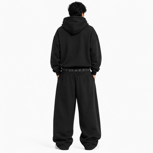 Ensemble de survêtement 2 pièces noir pour homme OEM – Hoodie oversize et pantalon de jogging ample à double ceinture – Style urbain en molleton de coton pour l'hiver - Product Image 2