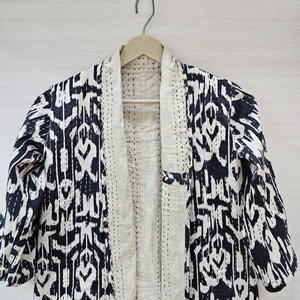 Cotton Kantha Boho Quilted Reversible Indian <b>Patchwork</b> Eco-Friendly Breathable Horn Button <b>Jacket</b> Handmade Ikat Print for Women - Product Image 3