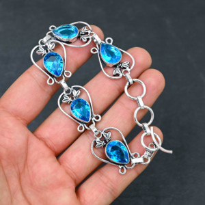 Collier en argent sterling de 18 pouces avec topaze bleue créée en laboratoire, forme poire, perle d'eau douce, bijoux de luxe, cadeau de mariage pour femme - Product Image 4