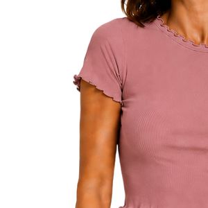 Top Corto Acanalado Rosa Polvoriento para Mujer, Manga Corta, Cuello Redondo con Volantes, Algodón y Spandex, Ajuste Delgado, Camiseta Casual de Verano, OEM Personalizado - Product Image 3