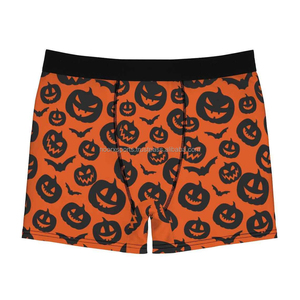 OEM Wholesale Breathable Knitted 100% <b>Polyester</b> Anti-Wrinkle Plus Size Halloween Pumpkin Print Customized Logo Printing <b>Boxers</b> - Product Image 2