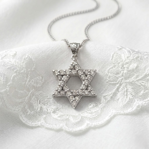 Star Of David Pendant chain 925 <b>Silver</b> Diamond Round Brilliant Cut Prong Setting Religious Judaism Unisex Fine Jewelry - Product Image 1