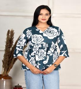 Kurti Corto de Algodón con Estampado Floral Estilo Jaipur, Manga 3/4, Diseño Simple y Casual, Excelente Precio - Product Image 1