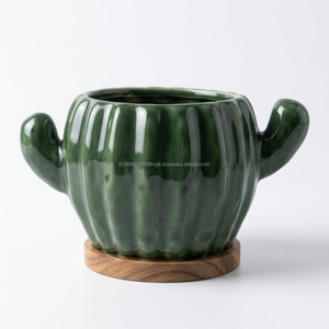 Maceta Decorativa de Cerámica Esmaltada con Forma de Cactus, Bandeja de Drenaje de Madera, Maceta Moderna para Plantas de Interior, Decoración para Pascua, Bodas, Hogar, Escritorio, Ecológica - Product Image 1