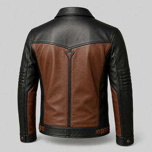 Blouson moto en cuir bicolore pour homme, marron et noir, fermeture éclair, col rabattable, coupe classique, style automne - Product Image 4