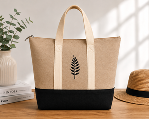 Sac fourre-tout en jute avec broderie de feuilles, fermeture éclair, style minimaliste, utilisation quotidienne, plage, shopping, voyage, doublure en toile, beige et noir - Product Image 5
