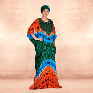 Caftán Farasha de Rayón, Estilo Modesto para Eid, con Vibrante Estampado Tie-Dye, Cuello Adornado, Silueta Amplia y Fluida, Elegante, Largo hasta el Suelo - Product Image 4