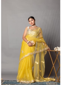 Sari KV Zari Jaipuri en viscose jaune et organza avec broderie Gotta traditionnelle et chemisier non cousu pour les fêtes - Product Image 5