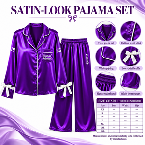 Ensemble de pyjama en satin pour femmes NCNW Sorority, manches longues, boutonné, brodé, deux pièces, violet avec bordure blanche, ensemble de détente - Product Image 6