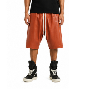 <b>Men's</b> Brown PU Leather New Style Unique Design Cowhide Leather Canvas <b>Shorts</b> Custom Made SOLID Color Breathable Quick Dry High - Product Image 1